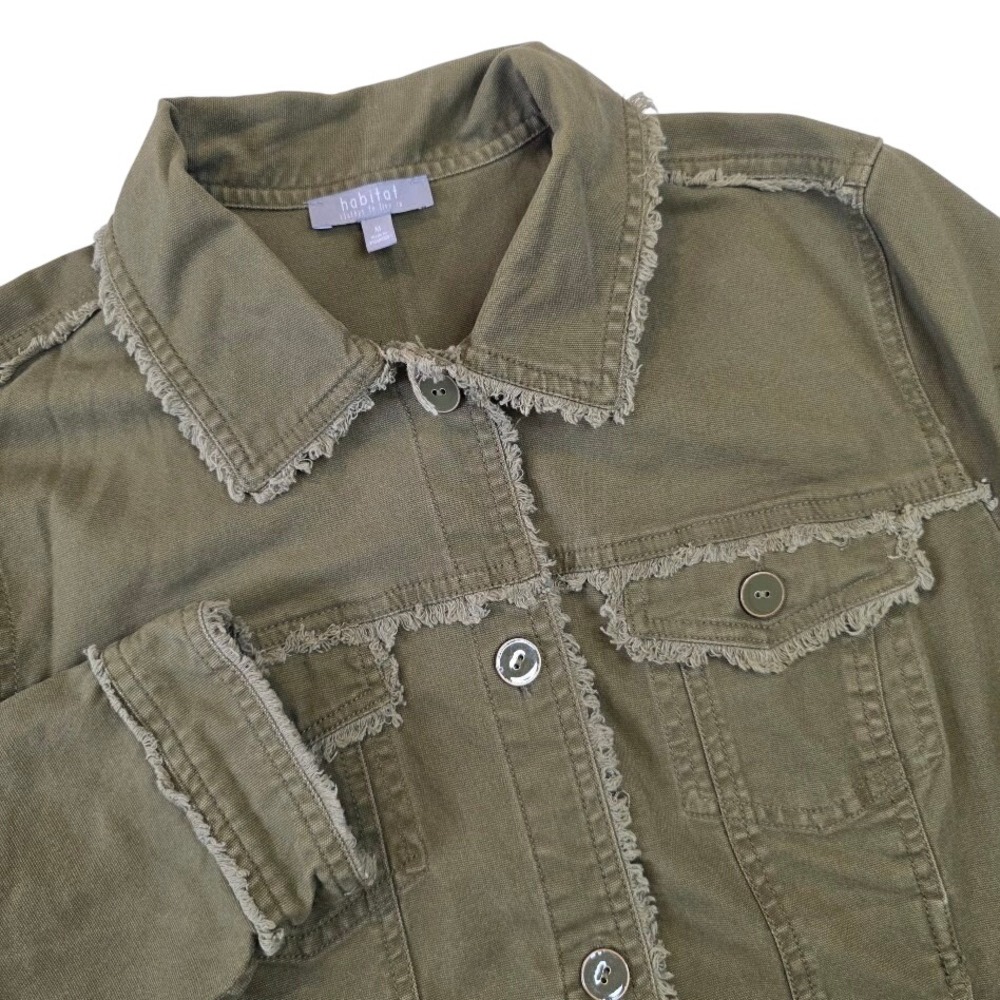 Habitat Women's M Jacket Green Frayed Trim Button Up Cotton Blend Stretch 71321
